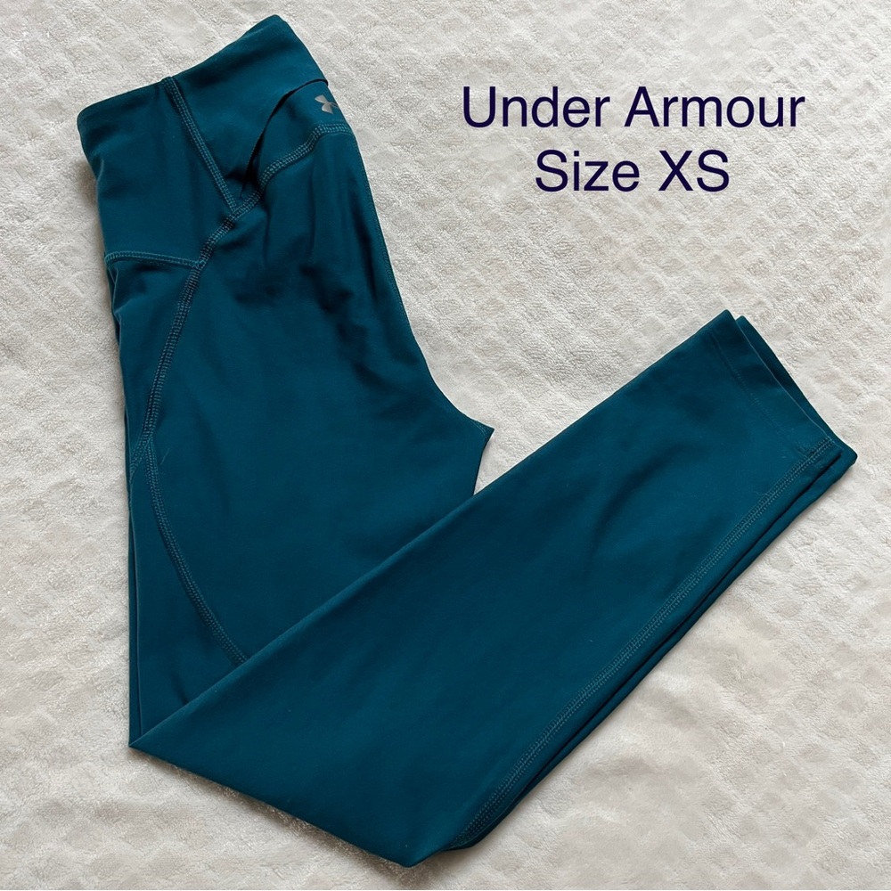 Under Armour HeatGear Petrol Blue Teal Fitted Leggings Back Zip Pocket XS